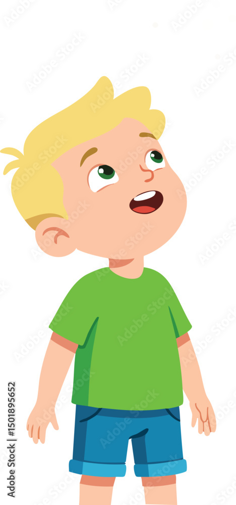 Young boy in green shirt and blue shorts looking upwards happy expression vector illustration Young boy in green shirt and blue shorts looking upwards happy expression vector illustration