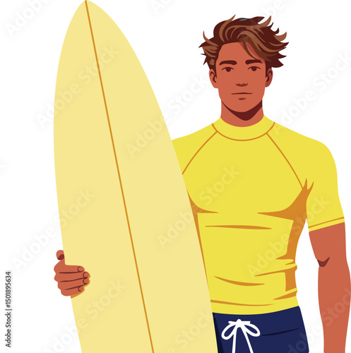 Surfer Holding Yellow Surfboard Wearing Yellow Rash Guard and Blue Swim Shorts Vector Illustration 