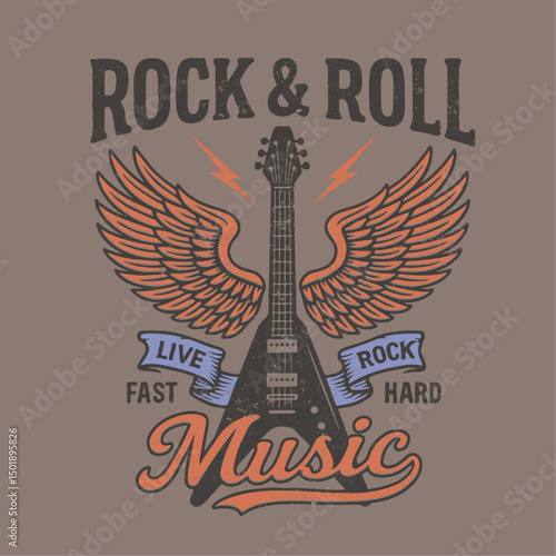 eock and roll vintage grunge graphic design. gutter with wing togather retro graphic. live rock fast hard music slogan. vintage rock n roll t-shirt design.