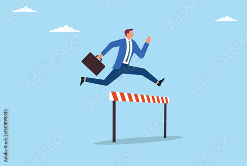Vector illustration of a businessman skillfully jumping over an obstacle, representing overcoming obstacles, resilience, and ambition on the journey to professional success
