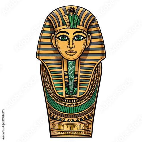 A weathered golden sarcophagus, intricately carved with ancient, mysterious glyphs, rests in a dimly lit chamber.  Details of the hieroglyphs are crucial.