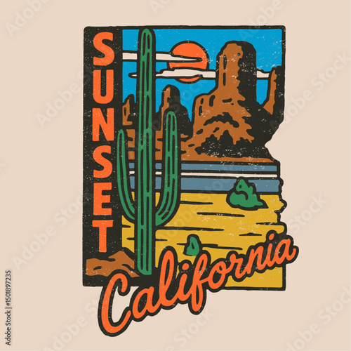 feel the sunset desert . Retro vintage desert vibes vector graphics. hand drawn cactus desert mountain under the skye.