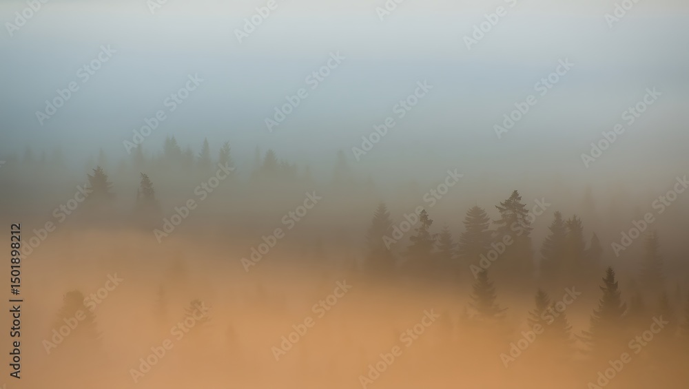 Fototapeta premium Misty forest landscape with silhouetted trees and golden sunlight at dawn or dusk