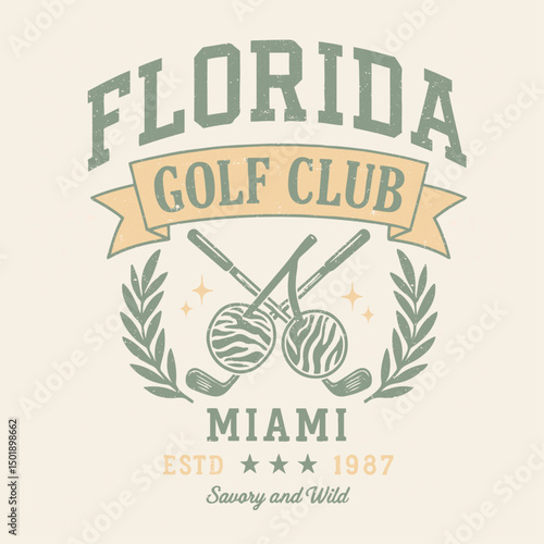 Florida golf club slogan print design in vector, sports graphics in vector. summer sporti print design. cherry with glof in miami college t-shirt design .