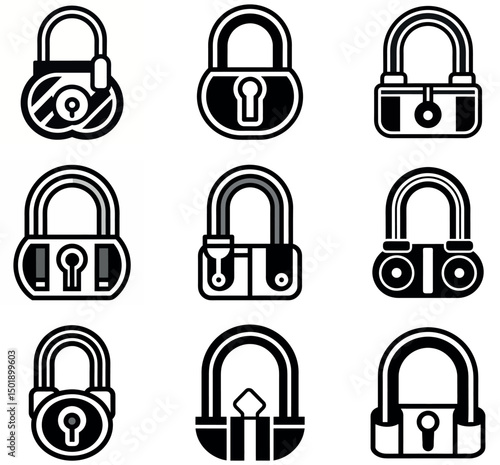 Black Padlock Icons, Security Lock Vector Illustrations