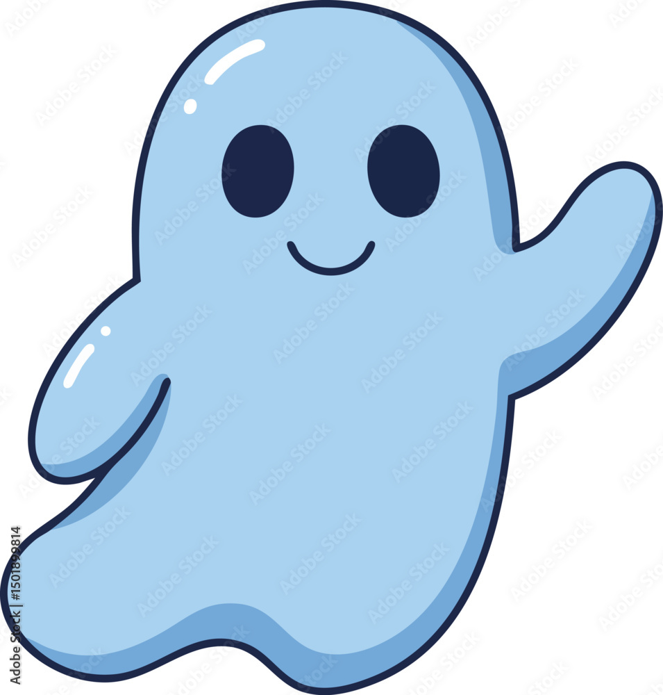 Cute blue cartoon ghost waving happily in friendly cheerful expression vector illustration Cute blue cartoon ghost waving happily in friendly cheerful expression vector illustration