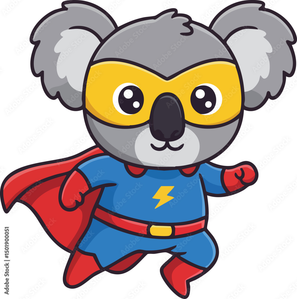 Koala superhero flying in red cape and blue costume with yellow mask cartoon vector illustration Koala superhero flying in red cape and blue costume with yellow mask cartoon vector illustration