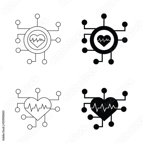 Heart Pulse Circuit Icon Set with editable strokes. Heartbeat Circuit Board icons on transparent background. 