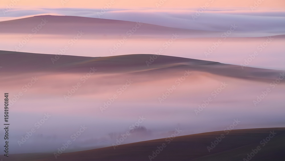 Scenic misty landscape of rolling hills at sunrise or sunset with gentle colors Scenic misty landscape of rolling hills at sunrise or sunset with gentle colors