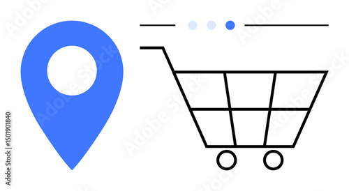 Blue geolocation marker next to a minimalist shopping cart icon, indicating purchasing trends, shipping, logistics, or browsing. Ideal for retail, e-commerce, delivery, supply chain technology