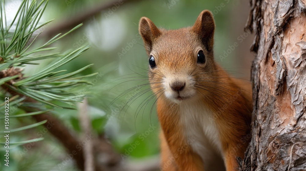 Close-up view of a playful squirrel exploring its surroundings on a pine tree in a serene forest setting Close-up view of a playful squirrel exploring its surroundings on a pine tree in a serene forest setting