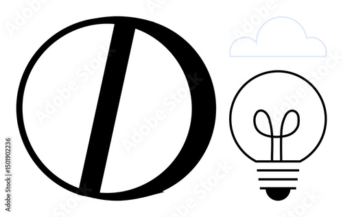 Bold circle with a diagonal line beside a minimalist light bulb and a faint cloud outline. Ideal for creativity, innovation, inspiration, abstract design, modern aesthetics, problem-solving
