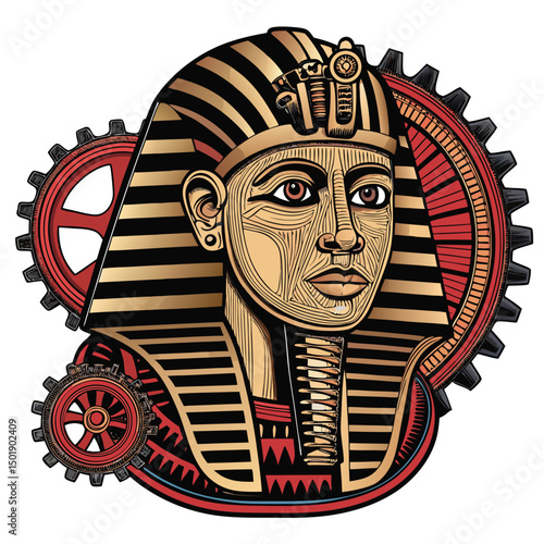 A majestic pharaoh's golden mask intricately fused with complex, steampunk-inspired mechanical gears and cogs.  Detailed, realistic rendering.