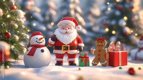 Festive christmas scene with santa claus, snowman, and gingerbread man.