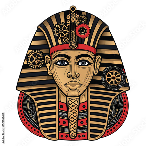 A majestic pharaoh's gold mask, intricately fused with steampunk-style clockwork gears and cogs, set against a dark, mysterious background.