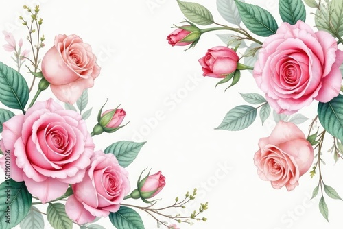 Delicate watercolor roses, intertwined leaves, soft pastel hues, ornament, shabby chic, swirl