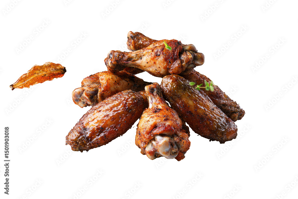 Stacked savory wings sizzle against a black void a culinary delight Stacked savory wings sizzle against a black void a culinary delight