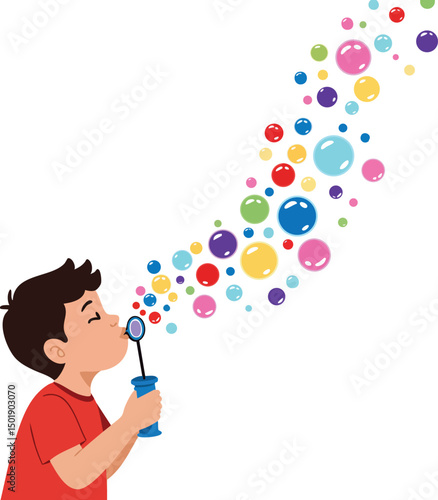 Boy blowing colorful soap bubbles with various sizes and bright red shirt vector illustration 