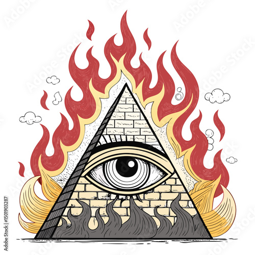 A majestic pyramid eye, blazing with inner light, encircled by fiercely burning papyrus scrolls, emitting vibrant orange and yellow flames.