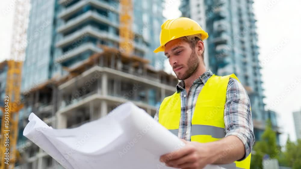 A construction worker reviewing blueprints at the construction site A construction worker reviewing blueprints at the construction site