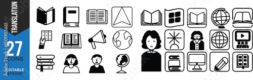 Translation & Linguistics Icon Set – Line Style Vector Illustrations

