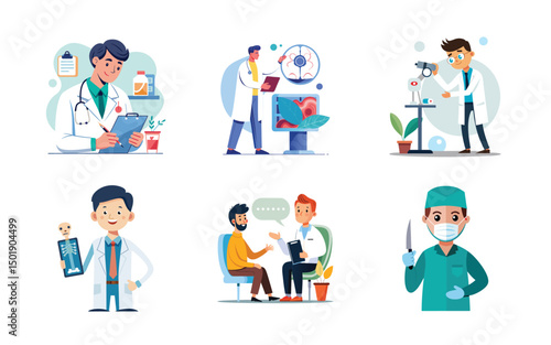 Set of medical, treatment , medicine, doctor and patient vector bundle on white background.