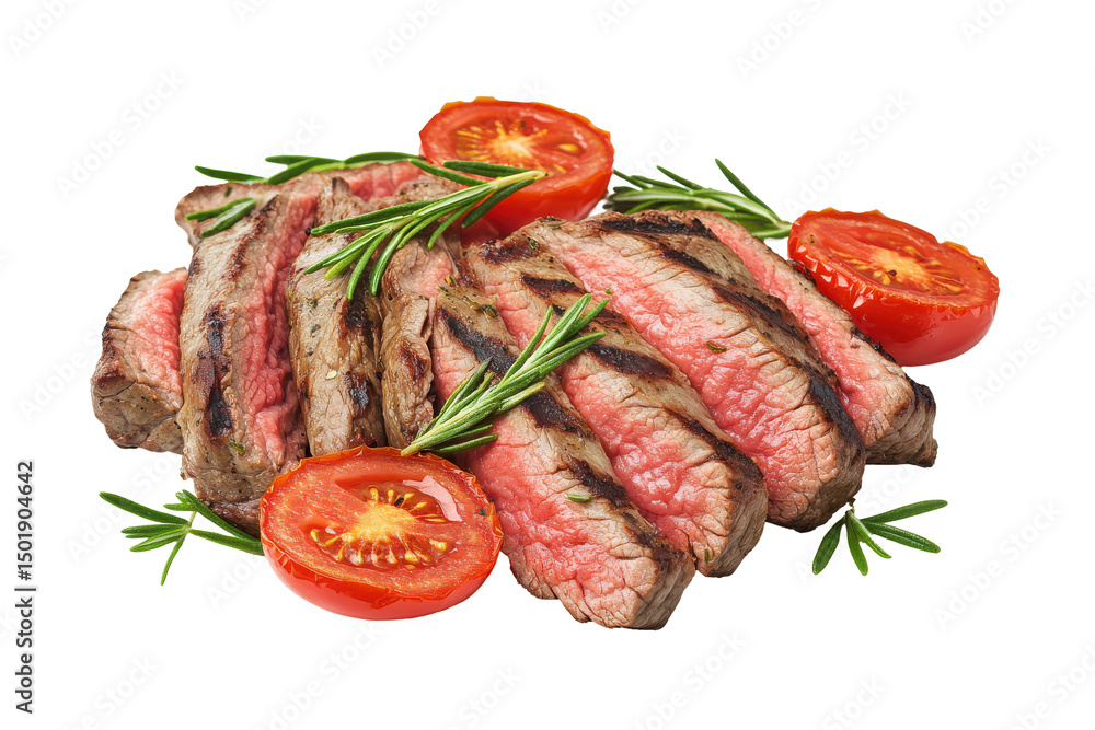 Succulent sliced steak sizzles with grill marks tomatoes and rosemary sprigs on black Succulent sliced steak sizzles with grill marks tomatoes and rosemary sprigs on black