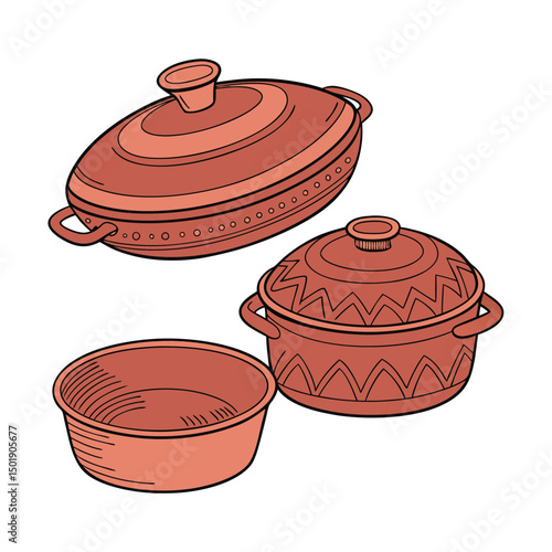 Set of 3 clay cooking pots with lids