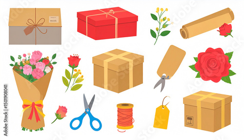 Colorful illustration of gift boxes, flowers, packaging supplies, and gift-wrapping tools