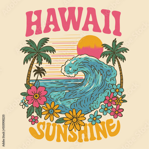 Hawaii sunshine graphics in vector. summer girls print. bing waves mountain palm tree sunset and sunflower in side the design. vintage retro t-shirt design graphics tee  beach vibes. .