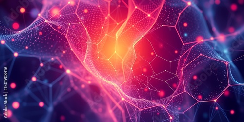 Abstract network with interconnected nodes and lines in shades of pink blue and orange glow