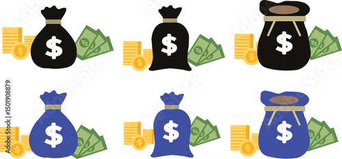 Vector illustration collectionof money bags withdollar signs stacked coins, and paper currency in different colors Perfect for finance banking, investment savings wealth and businessrelated design 