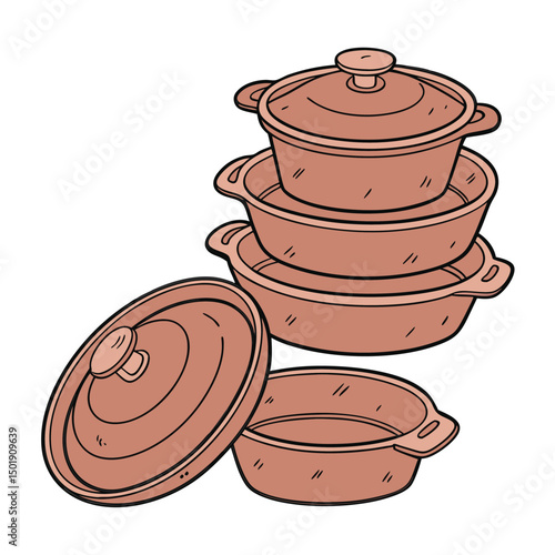 Stacked clay pots with lids, earthenware cookware set