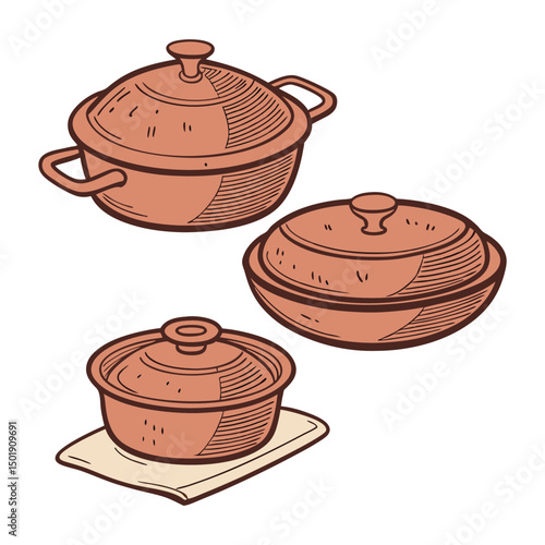 Set of 3 terracotta clay pots with lids