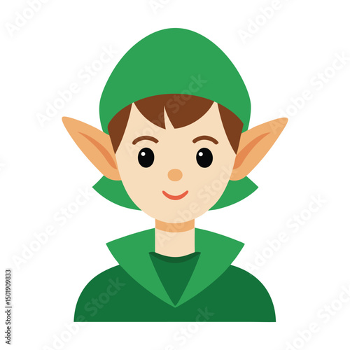 Cheerful christmas elf character portrait with pointed ears and green outfit illustration