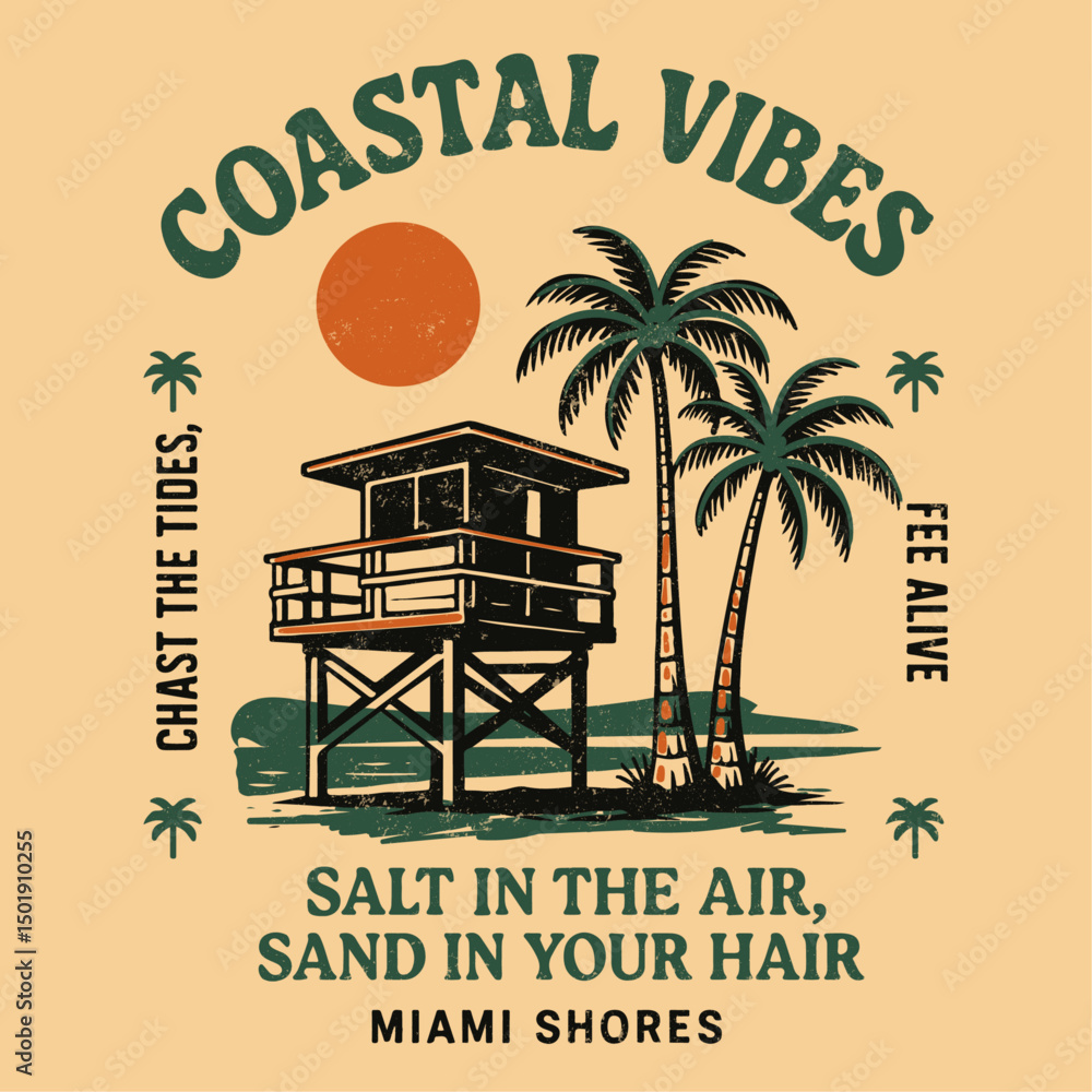 Fototapeta premium Hawaii tropical graphics in vector. beach vintage retro t-shirt design. summer girls print. bing waves mountain palm tree sunset and sunflower in side the design.