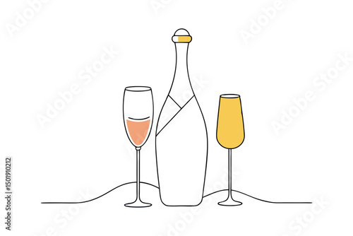 Line Art of Sparkling Wine Bottle with Flute Glass