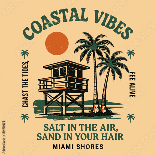 Hawaii tropical graphics in vector.  beach vintage retro t-shirt design. summer girls print. bing waves mountain palm tree sunset and sunflower in side the design.