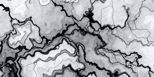 A grayscale abstract art piece featuring flowing lines and marbled textures in a fluid design style