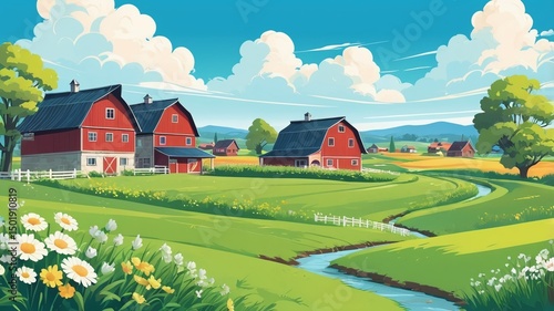 Charming Rural Landscape Red Barns, Green Fields, and a Winding Creek