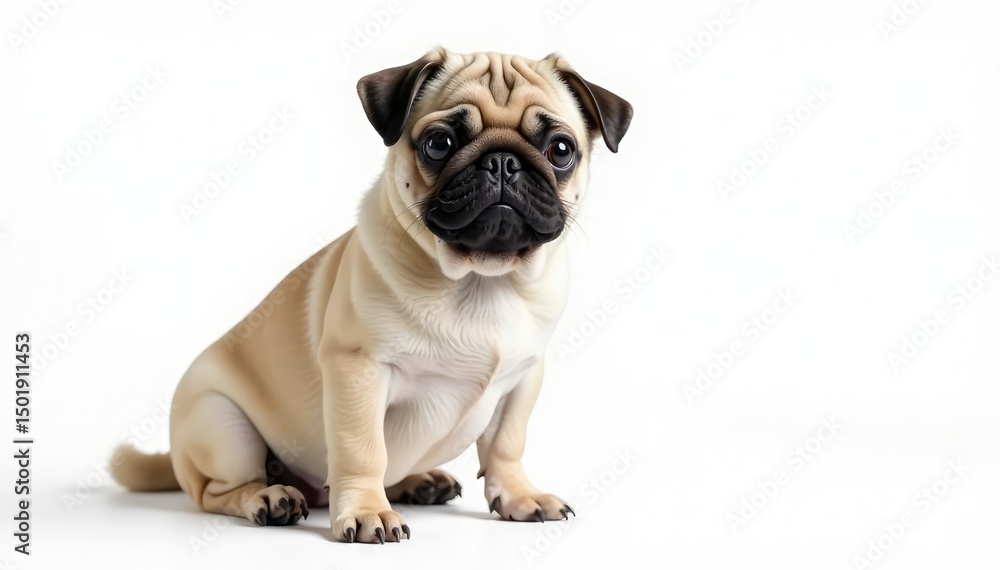 Fototapeta premium Adorable pug dog sitting, isolated on white background, charming, dog, companion