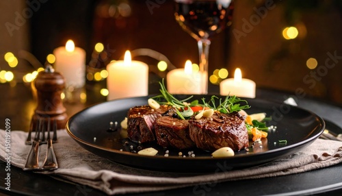 Elegant candlelit dinner featuring grilled steak cozy restaurant gourmet cuisine intimate ambiance close-up view culinary delight