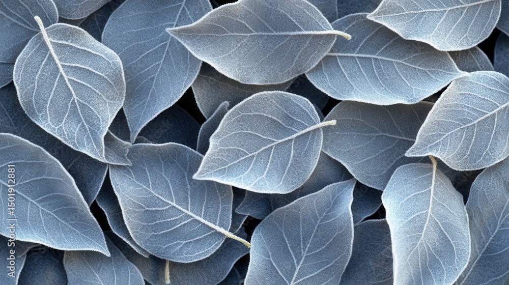 Obraz premium Delicate Frosted Leaves with Intricate Veins on a Dark Background
