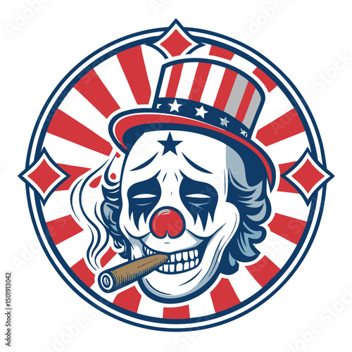 A detailed illustration of a sad clown skull, wearing a carnival badge, smoking a cigar.  Focus on the melancholic expression.