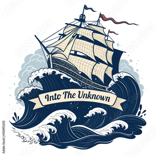 A majestic sailing ship battles a raging stormy sea, its tattered banner proclaiming "Into the".  Focus on dramatic waves and dark sky.