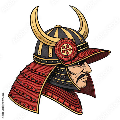 A meticulously detailed illustration of a traditional Japanese samurai helmet (kabuto), showcasing intricate gold and black lacquerwork,  with ornate crests and menacing features.