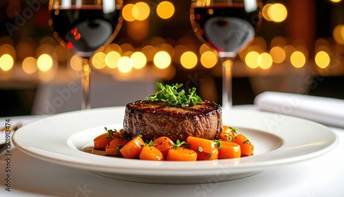 Fine dining experience upscale restaurant culinary delight elegant atmosphere close-up view gourmet steak presentation