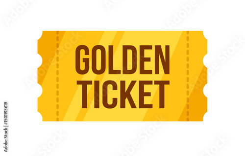 Perfect Golden Ticket. Vector golden ticket in retro game style. Bonus or discount gold ticket on whithe backgound. Present coupon. Cinema, theater, concert, game, party. Editable template