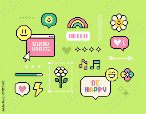8-bit retro game motivation background of Good Vibes 90's aesthetics. Pixel game elements and stickers. Y2k Simple geometric forms. Playful PC Pixel Icons colorful pack