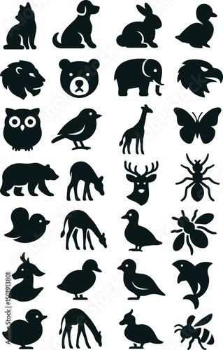 Set of black animal silhouettes including cat dog bird and other cartoon-style icons